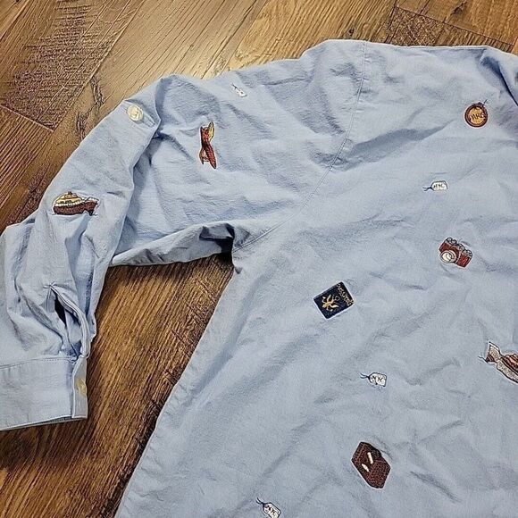 Vintage Teddi Shirt Womens XL Cameras Planes Embroidery Button Up Toll Tab STAIN - Picture 5 of 9